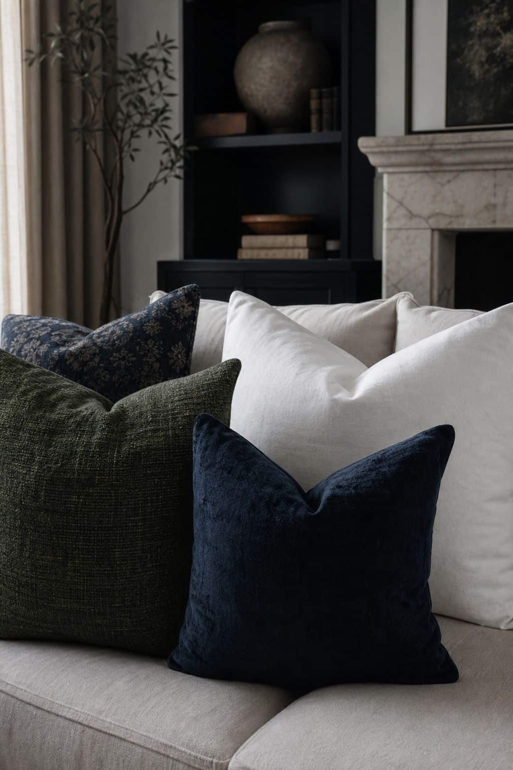 Forest Green, Rich Navy, and Bright White for Drama shown as a realistic Pretty Wild World image for 15 Throw Pillow Combinations for Couch Ideas for a Soft, Designer-Layered Bedroom.