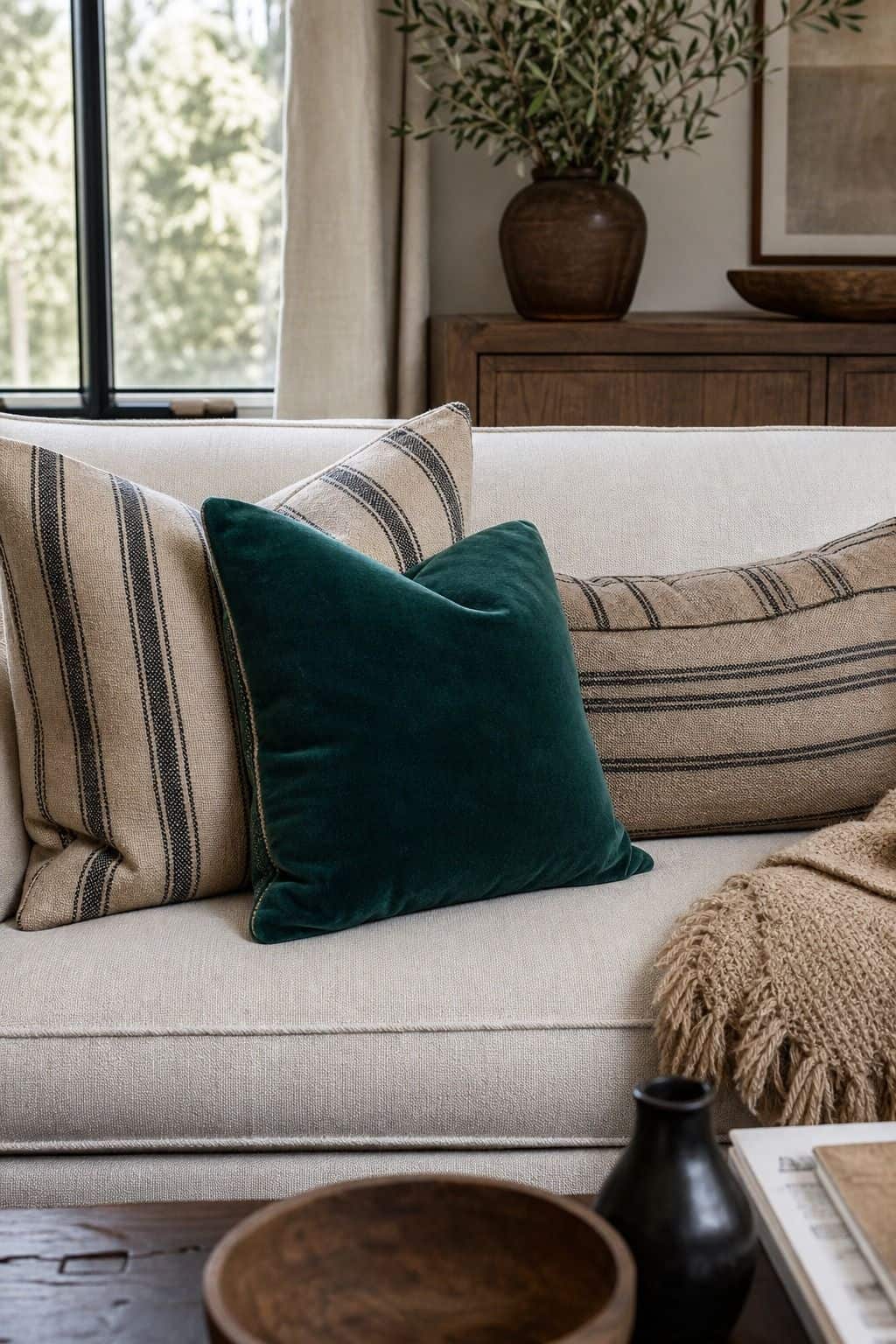 Tan and Black Stripes With a Jewel-Toned Velvet Cushion shown as a realistic Pretty Wild World image for 15 Throw Pillow Combinations for Couch Ideas for a Soft, Designer-Layered Bedroom.