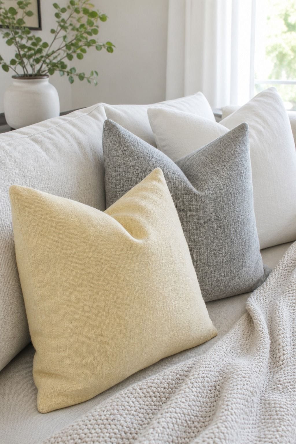 Pale Lemon, Cool Gray, and Snowy White for a Fresh Style shown as a realistic Pretty Wild World image for 15 Throw Pillow Combinations for Couch Ideas for a Soft, Designer-Layered Bedroom.