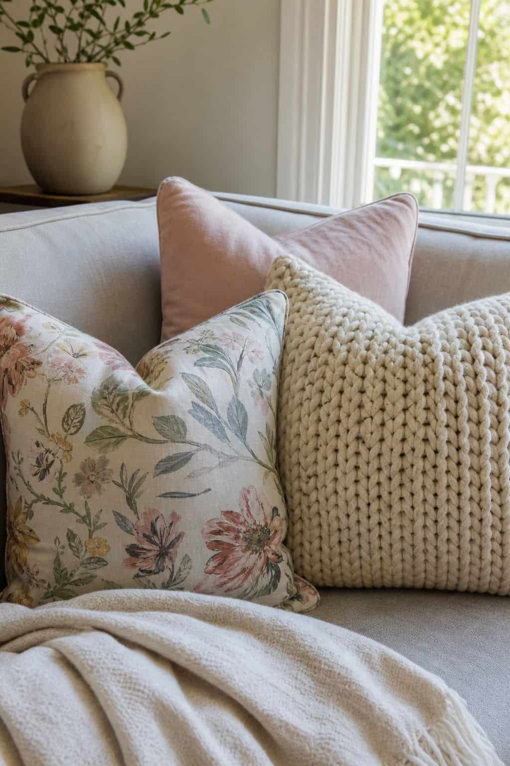 Floral Design, Pastel Solid, and a Chunky Knitted Pillow shown as a realistic Pretty Wild World image for 15 Throw Pillow Combinations for Couch Ideas for a Soft, Designer-Layered Bedroom.