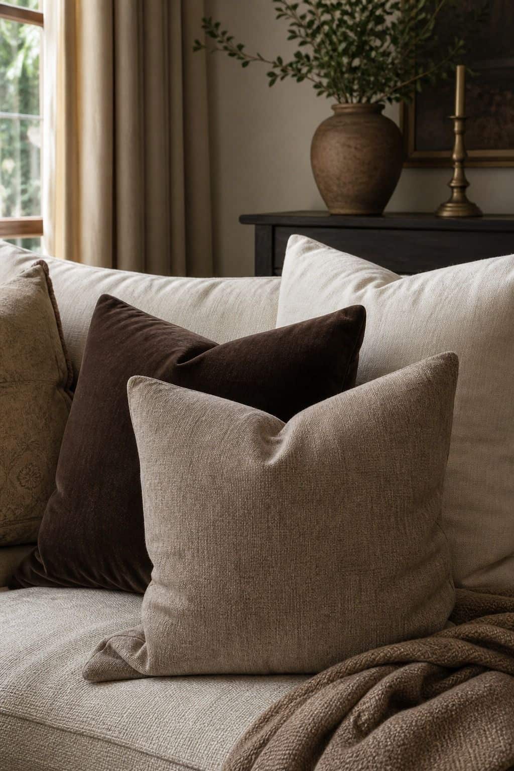 Warm Taupe, Chocolate Brown, and Natural Cream for Classic Comfort shown as a realistic Pretty Wild World image for 15 Throw Pillow Combinations for Couch Ideas for a Soft, Designer-Layered Bedroom.
