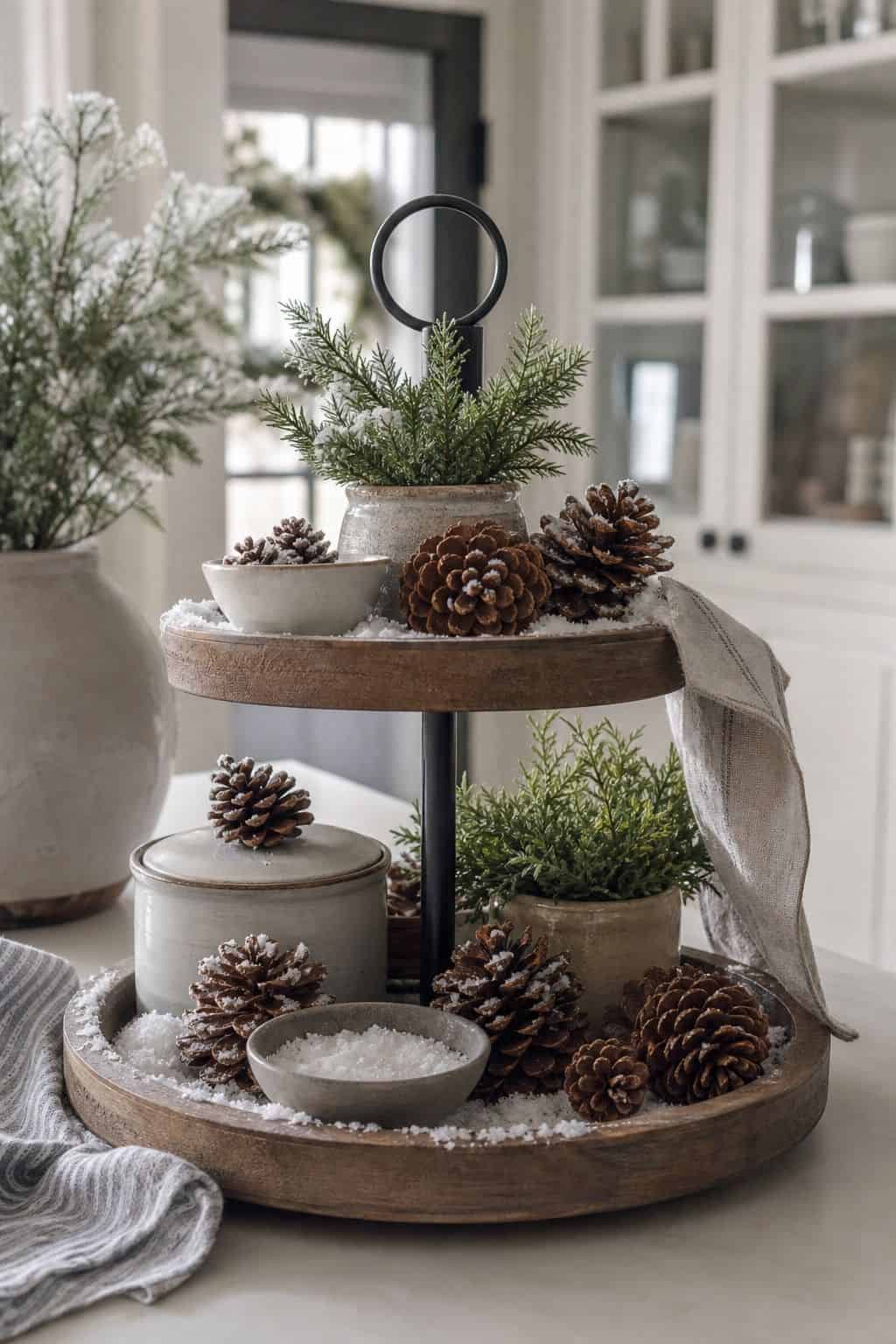 Accent with pinecones and touches of artificial snow shown as a realistic Pretty Wild World image for 15 Winter Tiered Tray Ideas for a Collected, Seasonal Home Aesthetic.