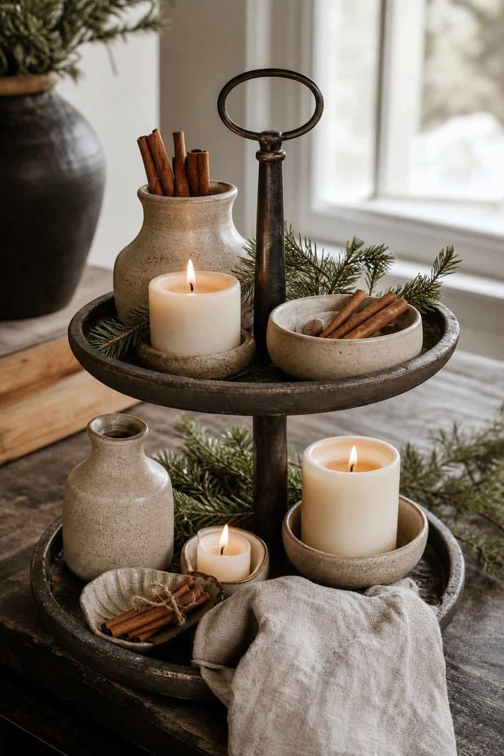 Showcase scented candles in cozy fragrances like cinnamon and vanilla shown as a realistic Pretty Wild World image for 15 Winter Tiered Tray Ideas for a Collected, Seasonal Home Aesthetic.