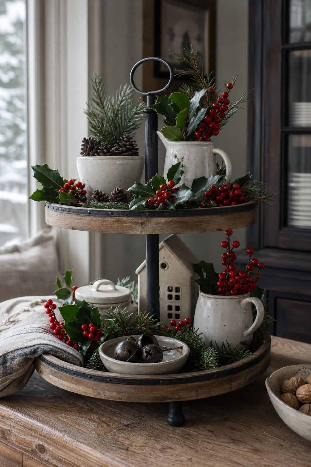 Incorporate red berry clusters and holly branches shown as a realistic Pretty Wild World image for 15 Winter Tiered Tray Ideas for a Collected, Seasonal Home Aesthetic.