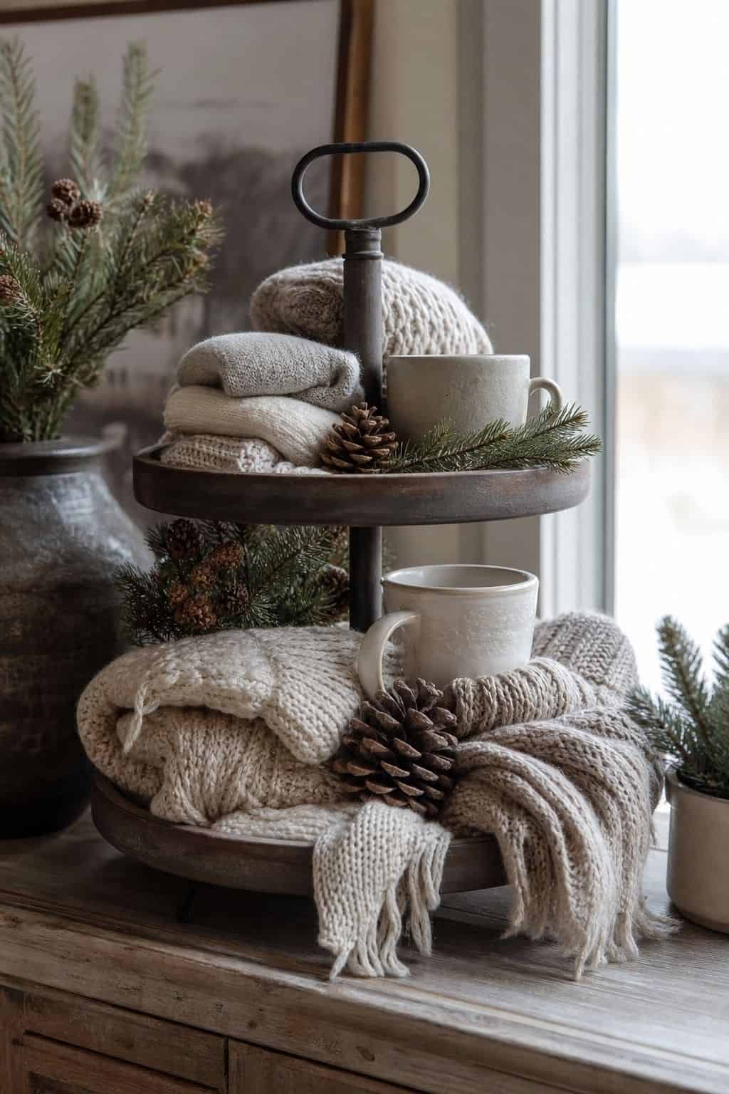 Add soft elements such as miniature knit blankets or scarves shown as a realistic Pretty Wild World image for 15 Winter Tiered Tray Ideas for a Collected, Seasonal Home Aesthetic.