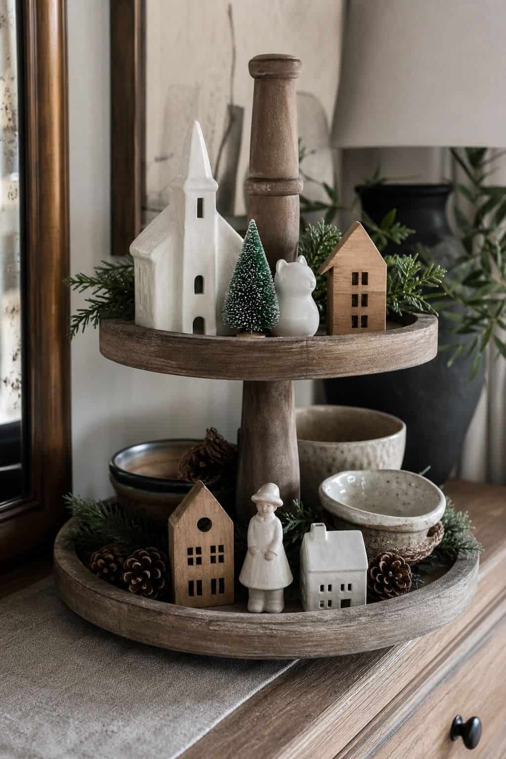 Display small wooden or ceramic figurines themed for winter shown as a realistic Pretty Wild World image for 15 Winter Tiered Tray Ideas for a Collected, Seasonal Home Aesthetic.