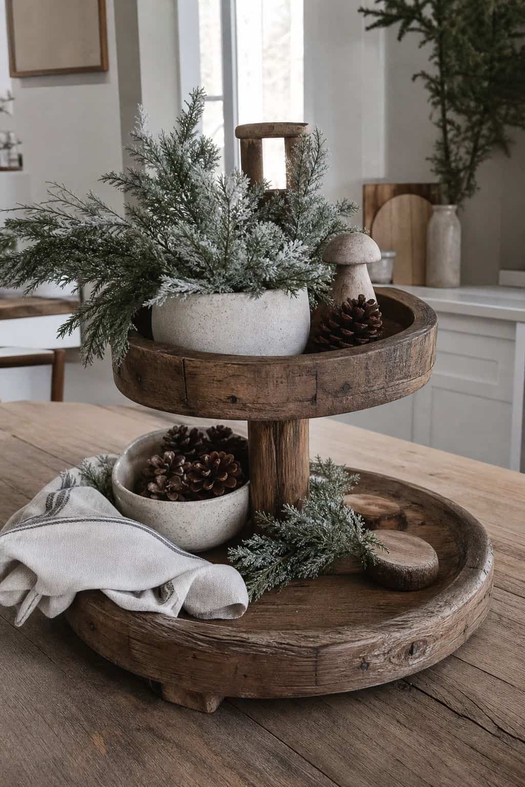 Use rustic wooden trays or bases for a natural aesthetic shown as a realistic Pretty Wild World image for 15 Winter Tiered Tray Ideas for a Collected, Seasonal Home Aesthetic.
