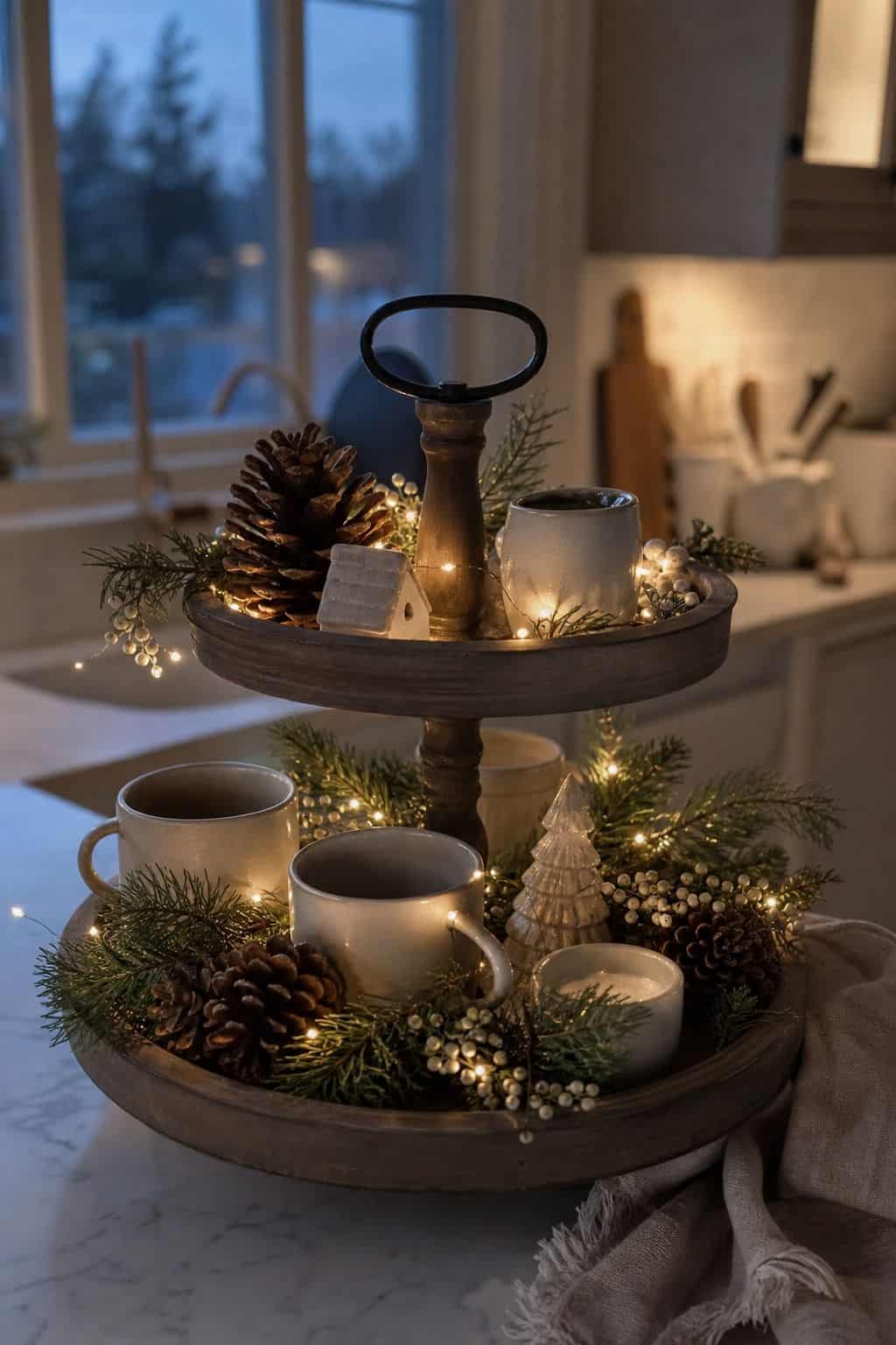 String warm white fairy lights for a gentle glow shown as a realistic Pretty Wild World image for 15 Winter Tiered Tray Ideas for a Collected, Seasonal Home Aesthetic.