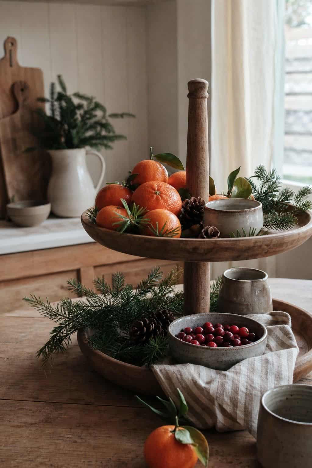 Include seasonal fruits like clementines or cranberries shown as a realistic Pretty Wild World image for 15 Winter Tiered Tray Ideas for a Collected, Seasonal Home Aesthetic.
