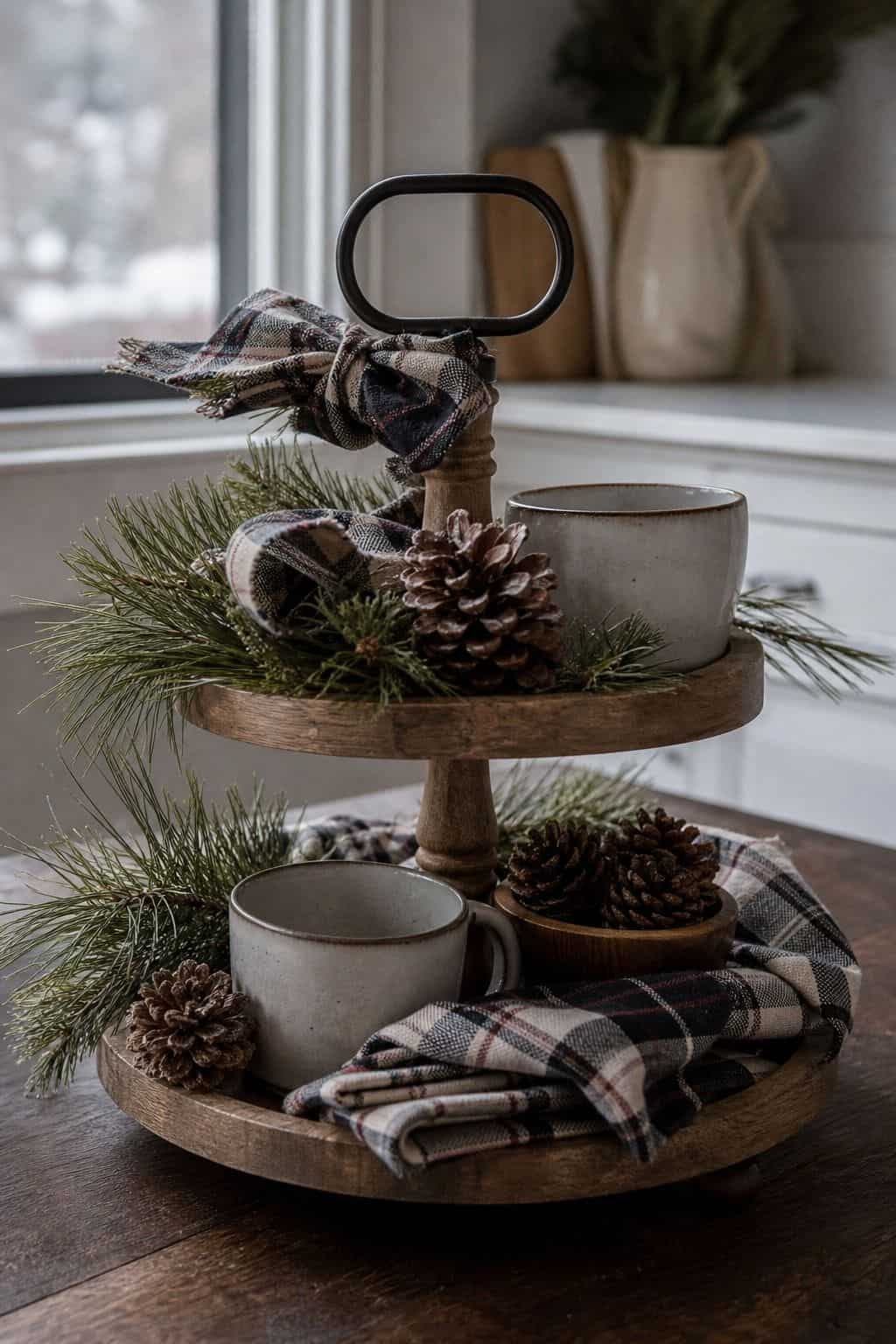 Decorate with plaid ribbons or fabric accents shown as a realistic Pretty Wild World image for 15 Winter Tiered Tray Ideas for a Collected, Seasonal Home Aesthetic.