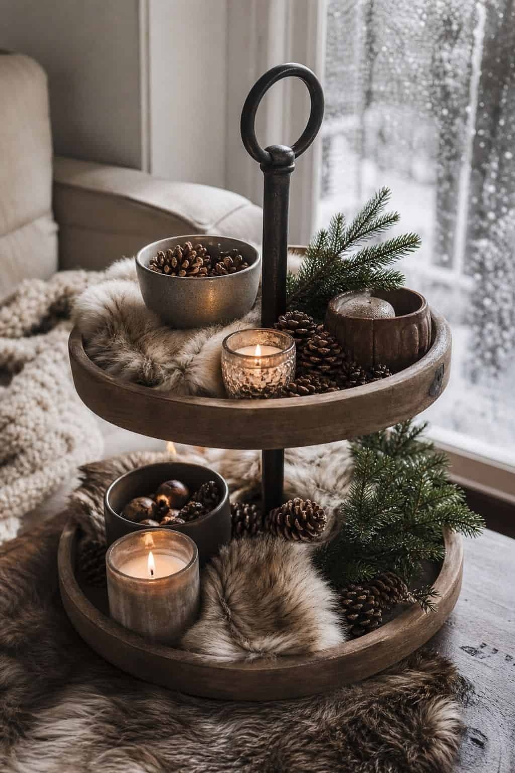 Add faux fur pieces for softness and warmth shown as a realistic Pretty Wild World image for 15 Winter Tiered Tray Ideas for a Collected, Seasonal Home Aesthetic.