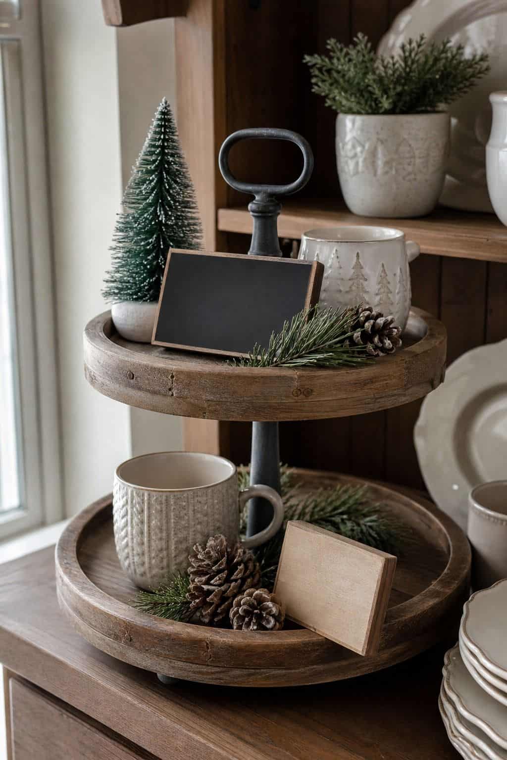 Include small signs with festive winter sayings shown as a realistic Pretty Wild World image for 15 Winter Tiered Tray Ideas for a Collected, Seasonal Home Aesthetic.
