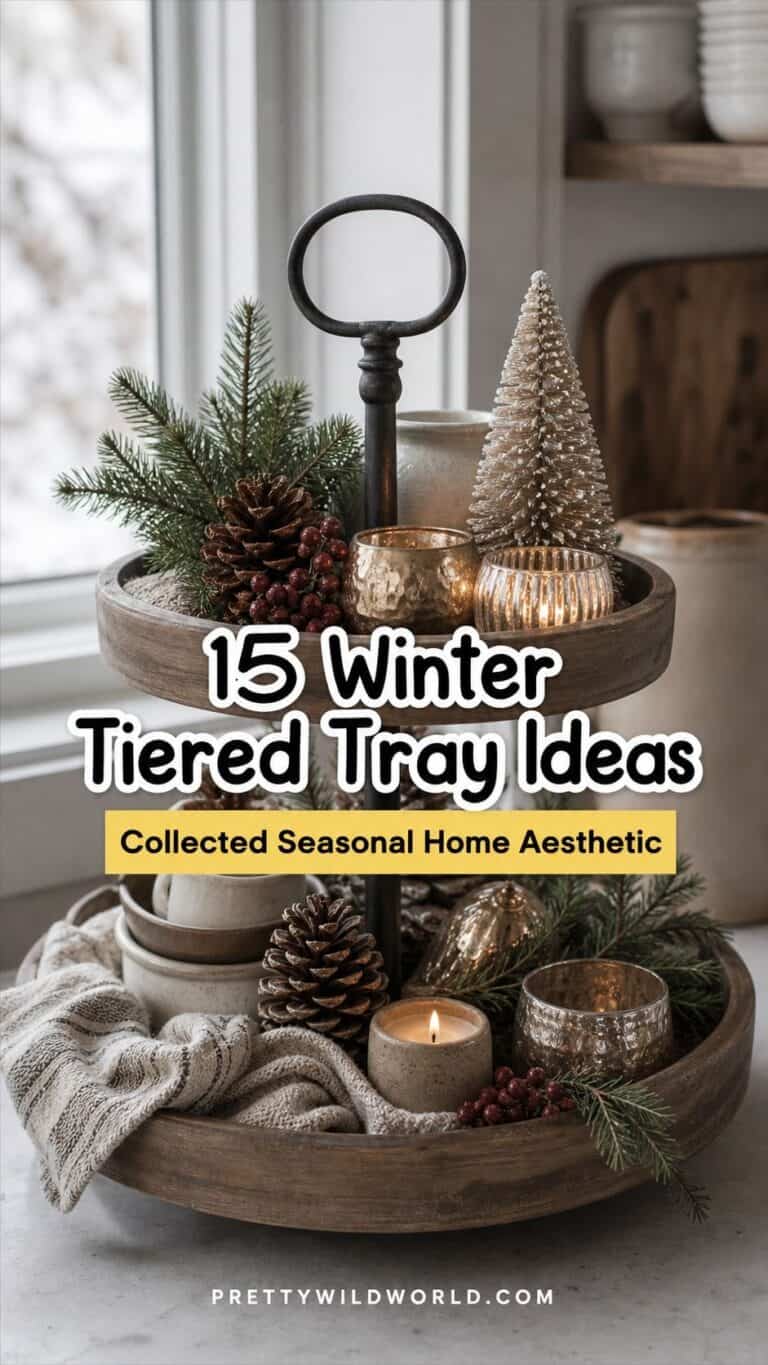 Pinterest pin for 15 Winter Tiered Tray Ideas for a Collected, Seasonal Home Aesthetic from Pretty Wild World.