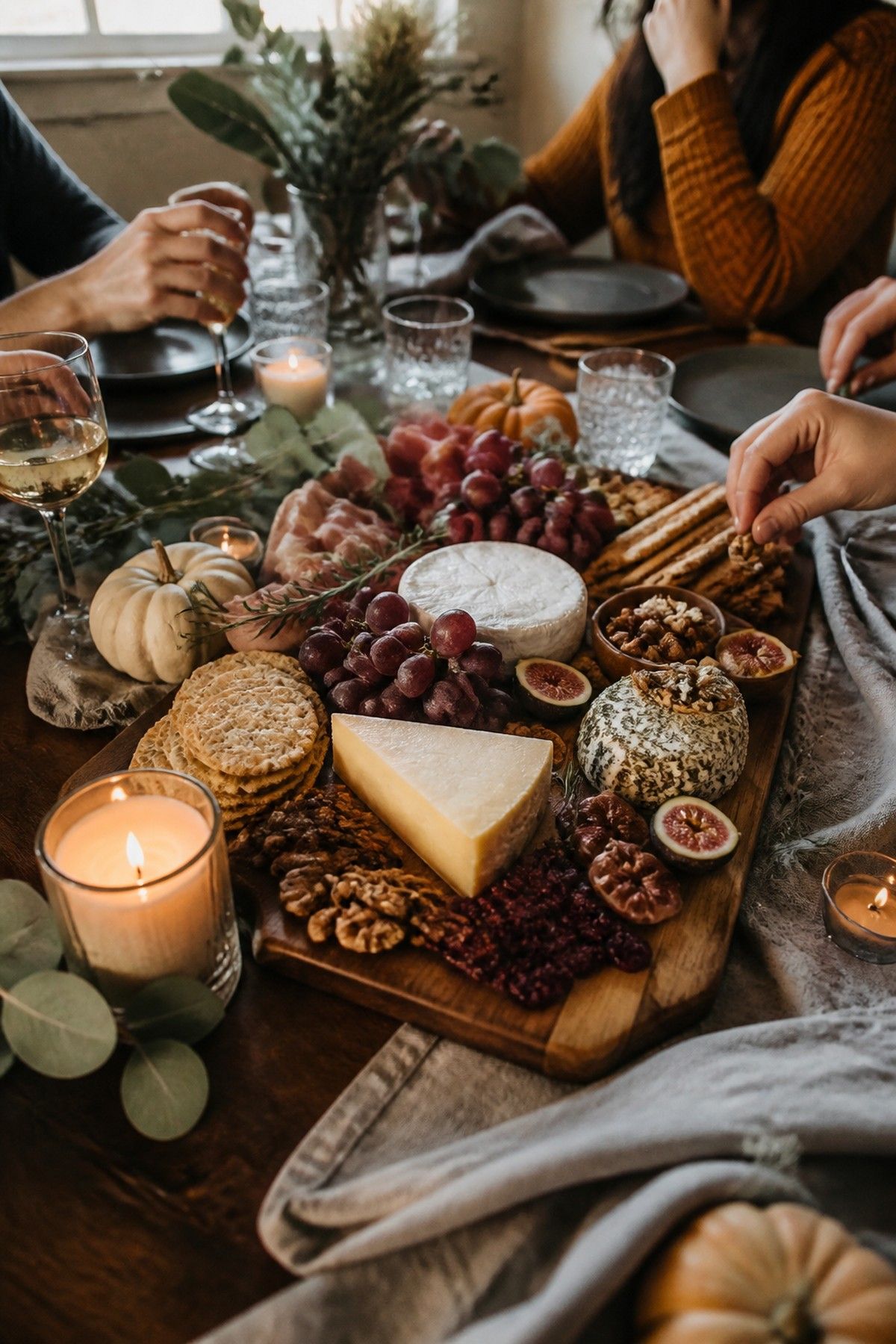 Seasonal charcuterie and cheese board styled for a Friendsgiving dinner party.
