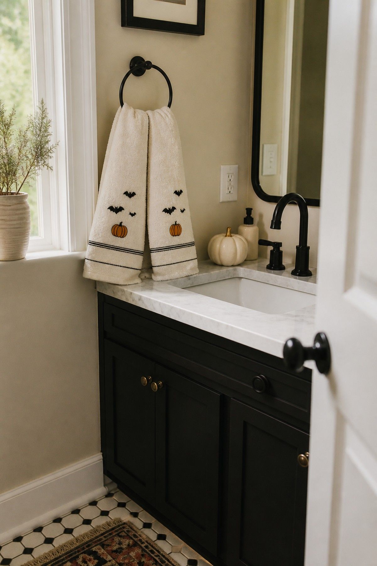 Halloween hand towels with bat and pumpkin embroidery in a guest bathroom.