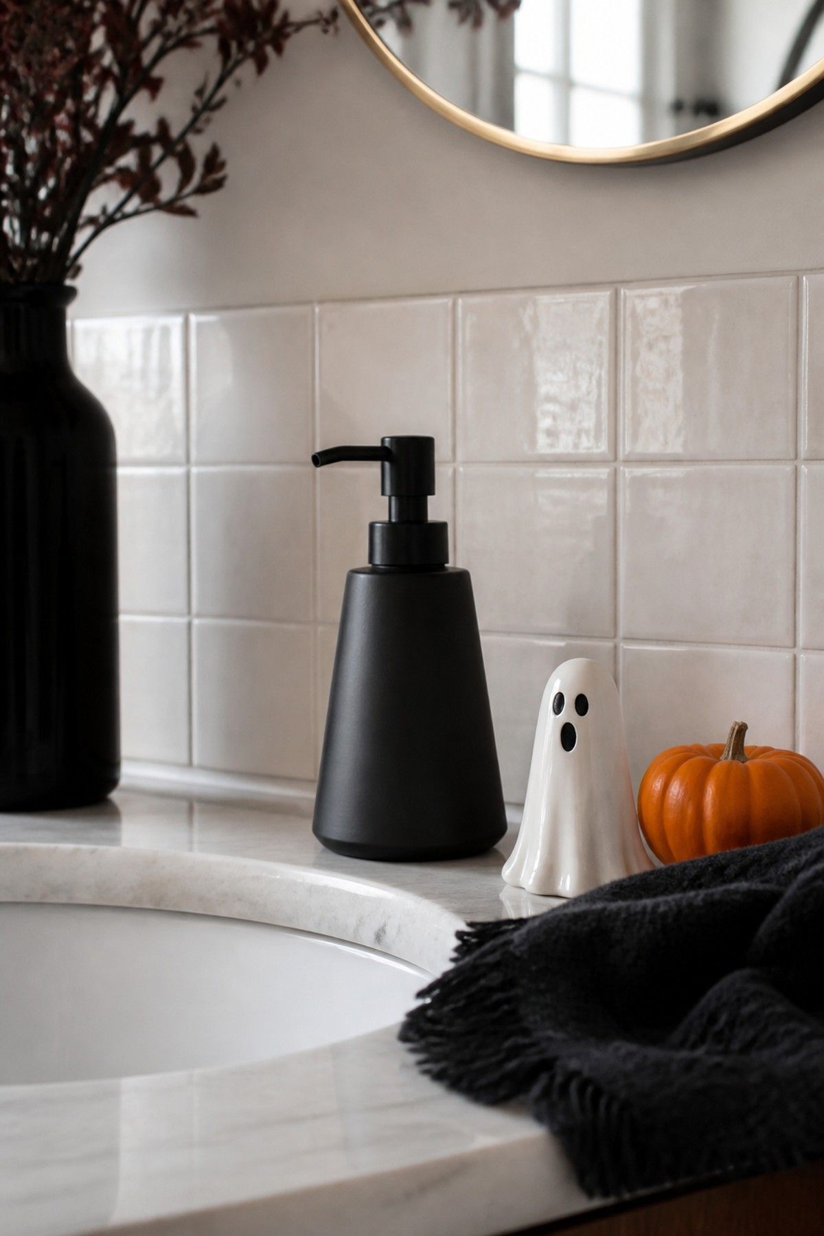 Matte black soap dispenser styled with a ceramic ghost and pumpkin on a bathroom counter.