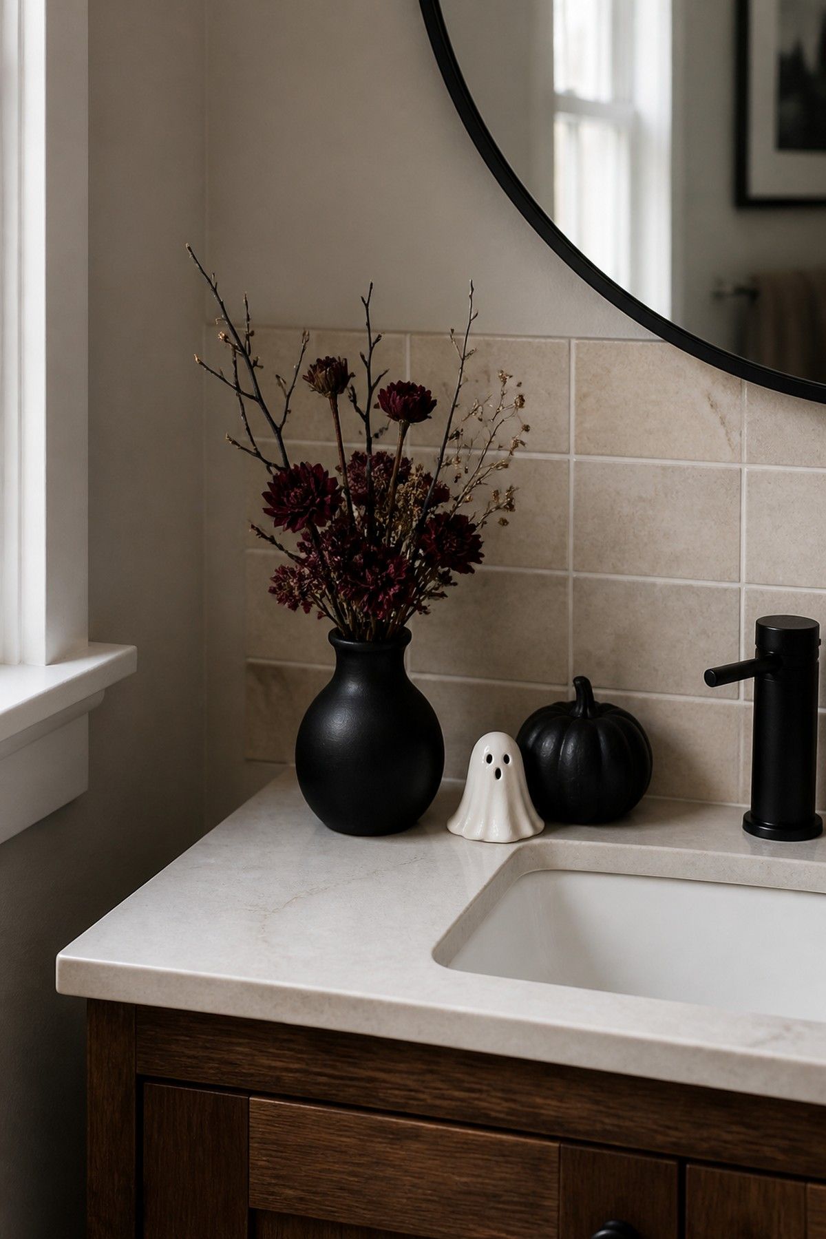 Mini dark floral vase styled with a ceramic ghost and black pumpkin on a bathroom vanity.