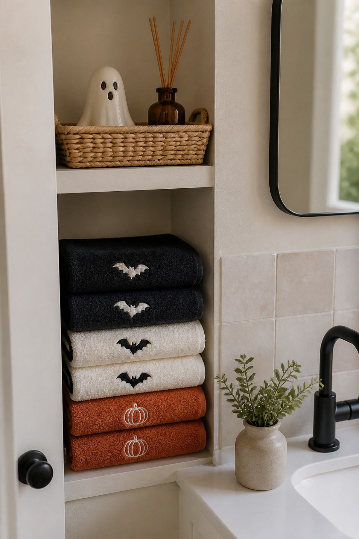 Stacked guest towels with bat and pumpkin details in a bathroom linen nook.
