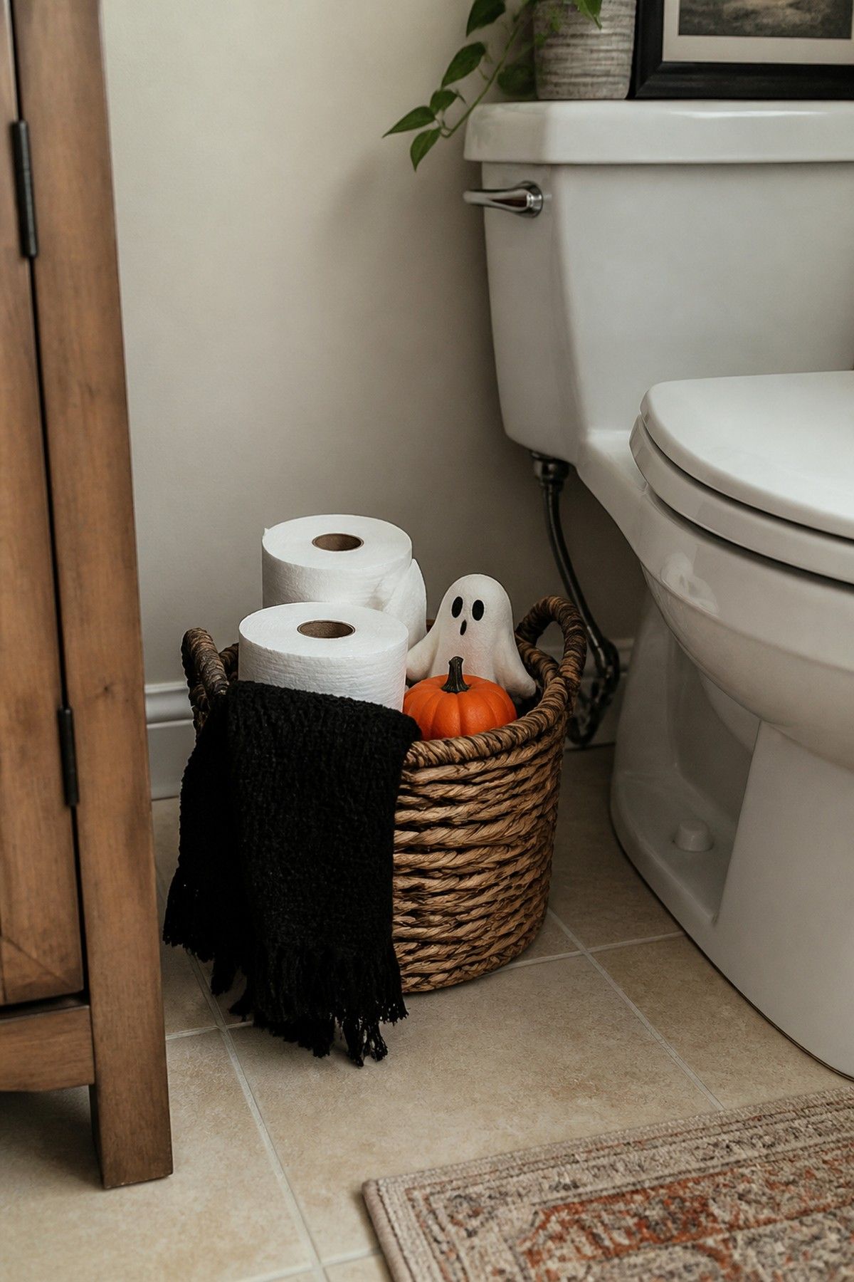 Toilet paper basket styled with a pumpkin, black towel, and ceramic ghost beside the toilet.