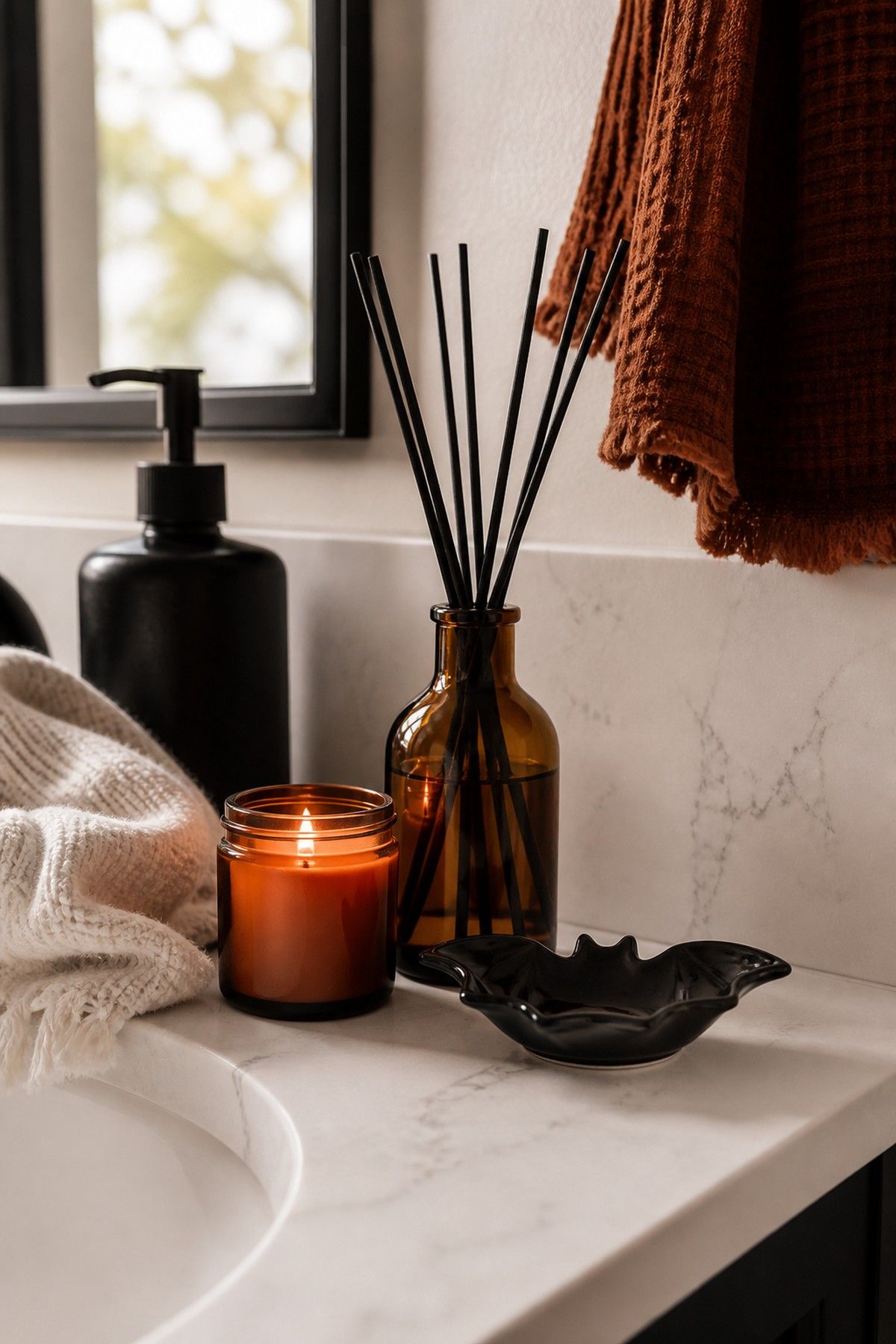 Amber reed diffuser and candle creating a clean Halloween scent layer on a bathroom vanity.
