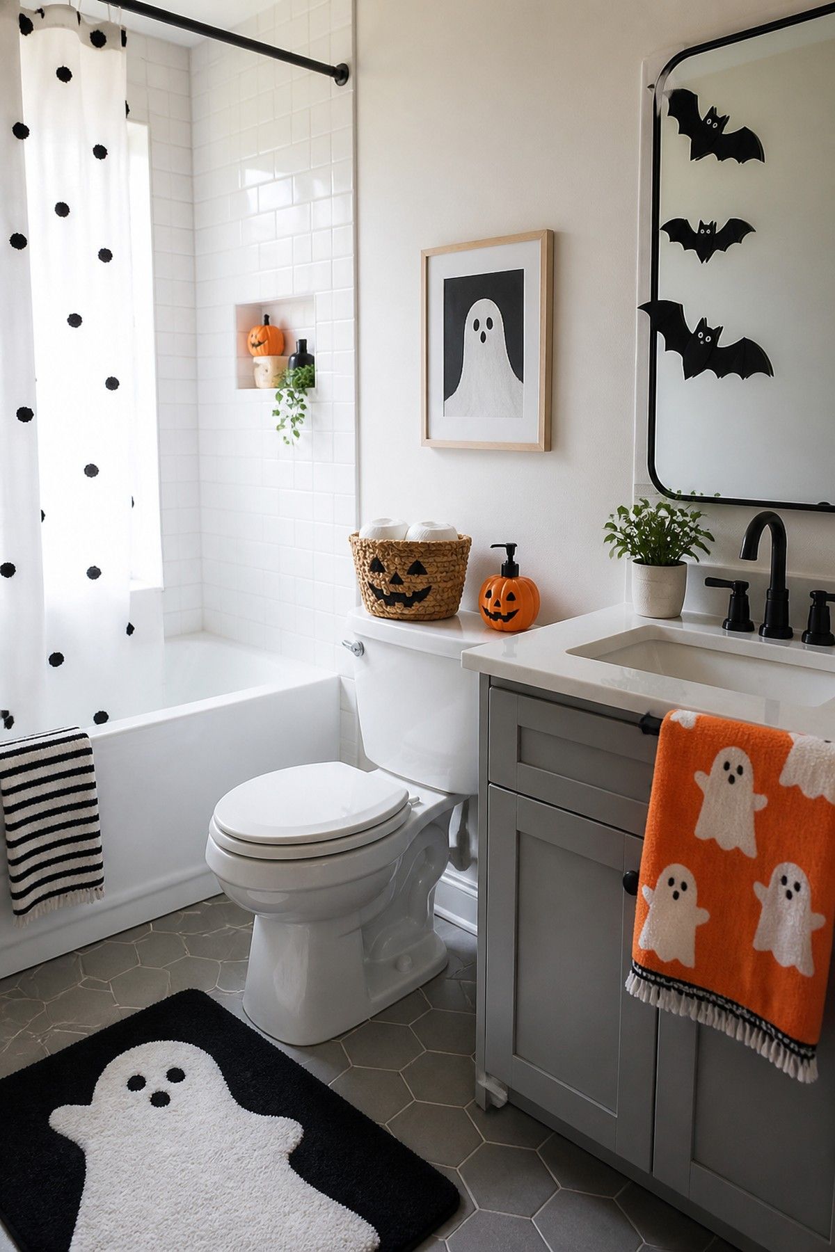 Kids Halloween bathroom with ghost towels, bat decals, and washable seasonal decor.